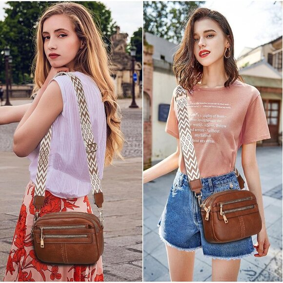 6-Pocket Crossbody Bags for Women, Vegan Leather Shoulder Handbags Brown Travel - Picture 6 of 7